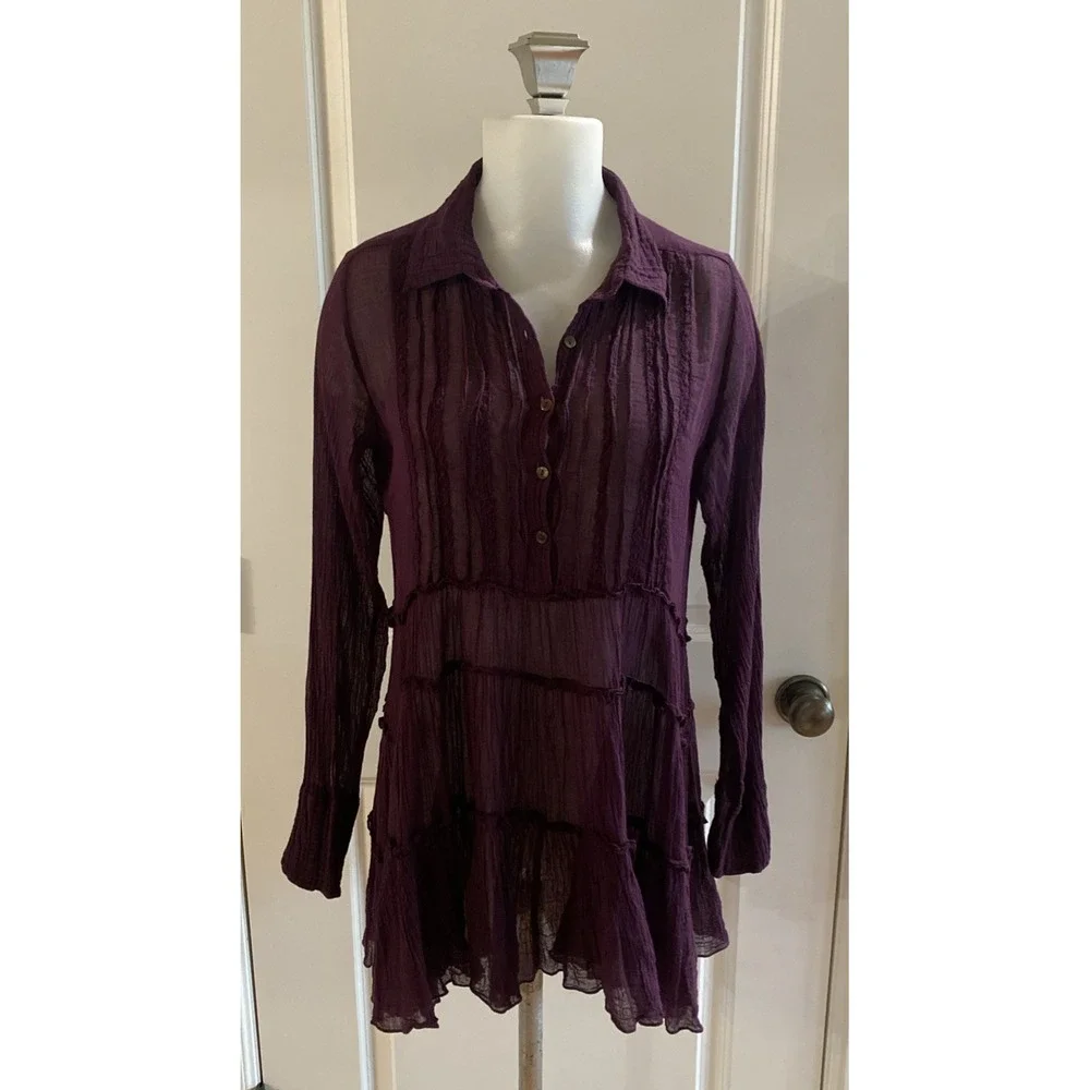 FREE PEOPLE Purple Guaze Tiered Long Sleeve Mini Dress Button Size Small‎